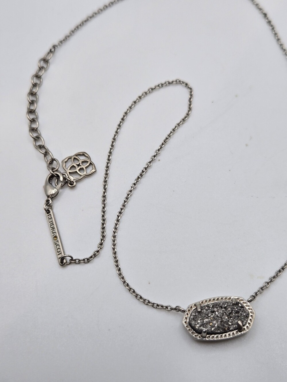 Kendra Scott Elisa Pendant Necklace Silver Tone Platinum Drusy Druzy Geode 17"